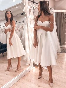 Sexy Short Satin Wedding Dresses A-line Off the Shoulder Pearls Ruched Corset Wedding Dress Tea Length Robe De Mariee Formal