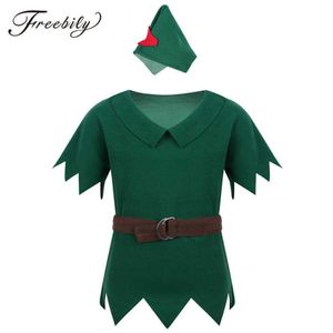 Nya ankomst Kids Boys Peter Pan Costumes T shirt med hatbälte Halloween Cosplay Party Boy för Fancy Carnival Role Play Clothing G0925242H