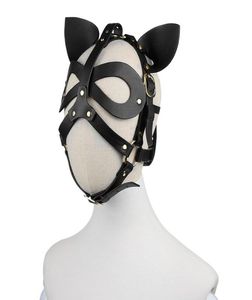 Volwassen anime cosplay Harness Bondage Head Hood Cat Oren Lederen Mask voor Face Women Men Paren Accessoires Sex Toys Black Red1216084