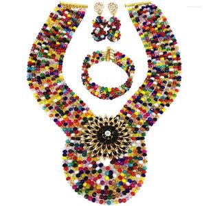 Halskette Ohrringe Set Mehrfarbig Afrikanische Perlen Schmuck Kristall Nigerian Hochzeit Folk Armband Sets 8WD08