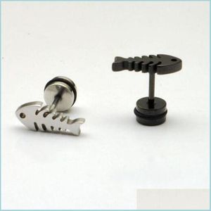 Stud Stud Fish Bone Earring For Men Titanium Stainless Steel Black Hiphop Emo Korean Unique Jewelry Drop Delivery Earrings Dh8At