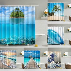 Duschvorhänge am Meer, Strandvorhang, 3D-Kokosnussbaum, Meer, Sonnenuntergang, Landschaft, Badewannenabtrennung, wasserdichter Polyesterstoff, Badezimmerdekoration