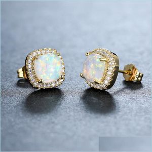 Stud Stud White Blue Green Opal Square örhängen Luxur Crystal Small Stone Rose Gold Sier Color Wedding For Women Drop Delivery Jewel DHKPS