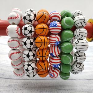 Holzperlen-Baseball-Armbänder, Armreifen, Schmuck für Frauen, dehnbare Holzperlen, amerikanische Flagge/Volleyball/Tennis, Sportarmbänder, Muttergeschenke