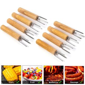 Supporti per spiedini di mais Utensili per barbecue in acciaio inossidabile Salsiccia di manzo Forchette per alimenti Barbecue all'aperto Forchette con manico in legno Accessori per utensili da cucina