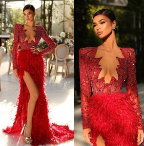 Sexy Red Feathers Prom Dresses Sheer Neck Lace Sequined Party Dresses Beads Side Split Illusion Custom Made Evening Dress