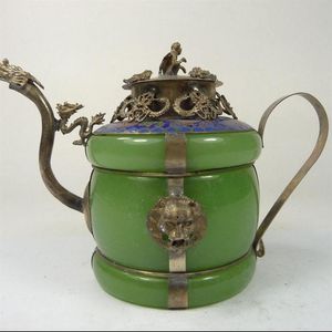 Collectible Old China Handwork Superb Jade Teapot Armored Dragon Lion Monkey LID322T