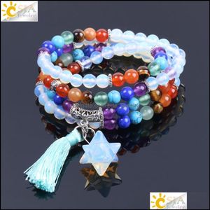 Beaded Reiki Mtilayer 7 Chakra 108 Mala Bead Bracelet For Men Women Opal Star Pendant Rainbow Meditation Healing Tassel Bangle Drop Dhc7W