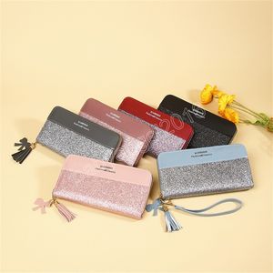 Portafogli lunghi in pelle PU patchwork con paillettes Portamonete con cerniera glitterata Porta carte di credito femminile di grande capacità Tassel Borsa per cellulare