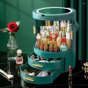 Aufbewahrungsboxen Makeup Box Organizer Rotary Desktop Lippenstift Kosmetikprodukte Rack mit Spiegel LED-Licht USB-Aufladung