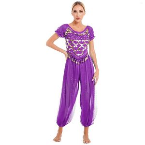 Stage Wear Womens Sparkly Sequin Belly Dance Costume Performance Outfit Puff Sleeve Lace-up Back Crop Top Harem Pants Dancewear
