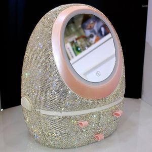 Scatole portaoggetti Strass Forma di uovo Organizzatore di luci a LED Specchio HD Trucco Creativo Cosmetico Desktop Bellezza Scatola a cassetto antipolvere