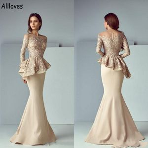 Champagne Satin Mermaid Mother Of The Bride Dresses With Long Sleeves Embroidered Lace Ruched Peplum Formal Evening Gowns Zipper Back Special Occasion Dress AL3970