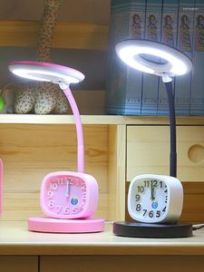 Lampade da tavolo Sveglia a forma di cartone animato Lampada da scrivania a LED Adorabile e carina Protezione per gli occhi Studio per bambini Lettura Dimmer regolabile per G