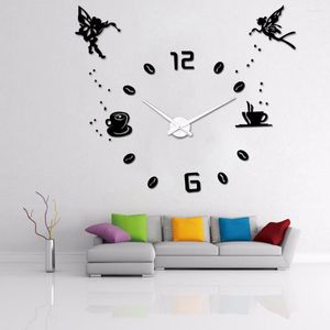 Wall Clocks 3D Large Clock Modern Design Big Silent Coffee Cup For Living Room Decor Self Adhesive DIY Angel Stickers