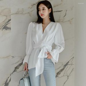 Women's Blouses 2022 Brand Women Shirt V-neck Long Sleeve Bowtie Belt Irregular Lap White Ladies Top High Quality Chemise Blusa Mujer