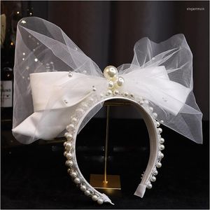 Headpieces franska prinsessan satin hårband mesh bow pärlband brudhuvudbonad bröllop hår tillbehör