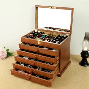 Pudełka do przechowywania warstwowe pudełko na biżuterię z litego drewna wielowarstwowe drewniane drewniane styl vintage nowość w stylu europejskim