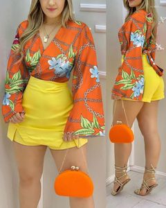 Women's Tracksuits Chain Print Bell Sleeve Tie Back Wrap Top & Skorts Set Women 2pcs Clothes Suit Long Flare V Neck Summer Spring Skirt