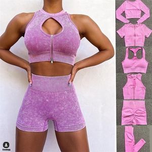 Yoga Kıyafetleri 12 PCS Yıkama Röle Sakinsiz Set Kadın Salonu Mahsul Üst Bra Scrunch Tayt Egzersiz Kıyafet Fitness Giyim Spor Takımları 221108