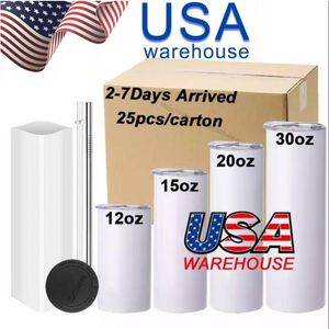 12/15/20/30 oz Sublimation Tumblers with Straws Lid Stainless Steel Double Wall Vacuum Insulated Cups Travel Mug Gift for Men and Women White B1108
