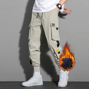 Men's Pants Plush Lining Men Cargo Ribbon Hip Hop Joggers Multi Pockets Drawstring Trousers Winter Ankle Tied Harem Streetwear