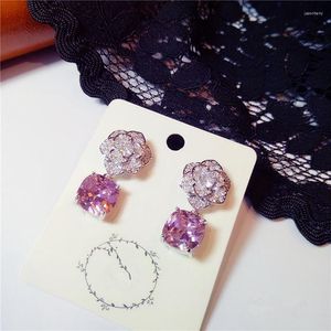 Dangle Earrings Drop For Women S925 Sterling Vintage Camellia Pink Cubic Zirconia Luxury Temperament Flower-shaped Brincos