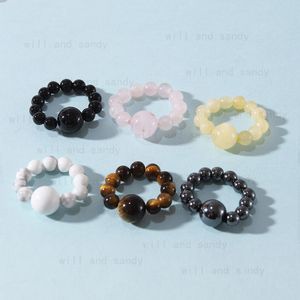 Natural Stone Beads Rings Elastic Rope Strand Tiger Eye Rose Quartz Crytal Nail Ring for Women Fashion Jewelry