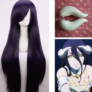 Party Supplies Overlord Albedo Cosplay Prop White Ox Horns With Clamp for Women Hair Girl Purple Straight Hairpiece Adult Wig Wig