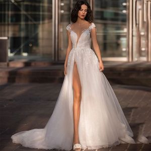 Elegant A-line Wedding Dresses Translate Jewel Collar Capped V-Neck Design Backless Applicant Front Split Layered Court Gown Custom Made Plus Size Vestidos De Novia