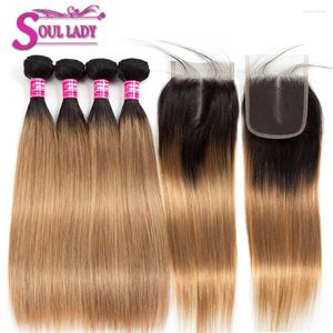 Human Hair Bulks Soul Lady Honey Blonde Ombre Bundles With Closure Peruvian Straight 1B/27 Two Tone 4