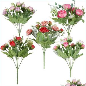 Flores decorativas grinaldas 5 garfos Flores artificiais Bouquet Bride Bridal Bridesmaid Silk Rose Tea Bud Wedding Home Rom￢ntico Deco Dhtfe