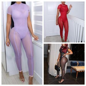 Women's Two Piece Pants Women Sexy Two-piece Clothes Set Solid Color Short Sleeve Bodysuit And See-through Purple/ Red/ Black