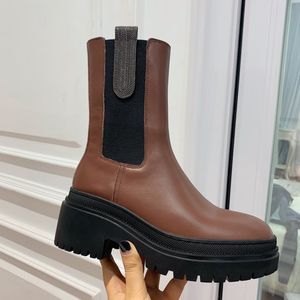 Luxury Designer Women Ankle Boots Fashion Genuine Suede Leather Women Chelsea Booties Runway Outfit Platform Wedges Slip On Round Toe Woman Short Bota Female 2023