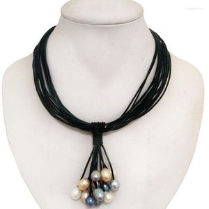 Pendant Necklaces 17 Inches 15 Rows Black Leather Cord Multicolor Oval Pearl Women Pendent Necklace