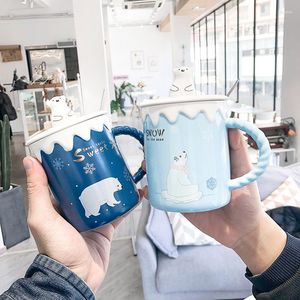 Tazze 1 set tazza natalizia in ceramica con coperchio e cucchiaio inverno cartone animato orso polare tazza studente vetro tazze da caffè carine