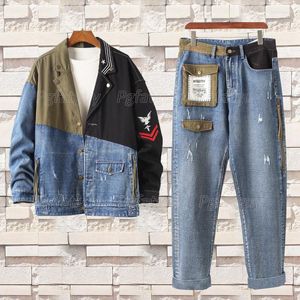 Men's Tracksuits Spliced Denim Jackets And Jeans Autumn Mens Loose Embroidered 2Pcs Set Long Sleeve Single Breasted Pant