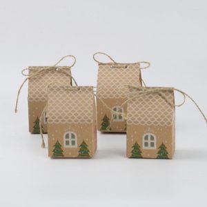 Present Wrap 10/20st Kraft Paper Christmas House Candy Box Chocolate Cookies Favor Packaging Väska med Rope Merry Xmas Party Decor