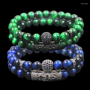 Странд оптом роскошный 2pc / set Blue Green Tiger Bead Bearse Bracelet Men Мода модные кубические циркониевые украшения