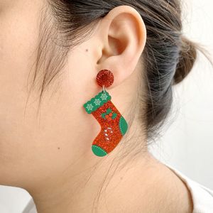 Trendy Holiday Jewelry earrings travel accessories Glitter Red Xmas Socks And Glitter Green Christmas Tree With Gift Drop Acrylic Stud Earring For Women 1Pairs