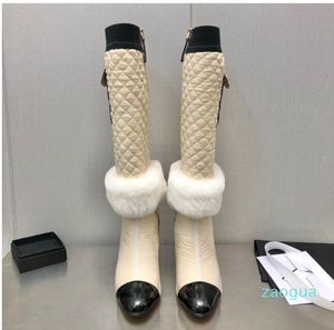 2022 Boots Fashion Leather Leather Mixed Ambed Warm Warm Fur Woman Knee High Booties Runway Runway Artfit Chunky High Heels Bota Party Dress Bota Female 41