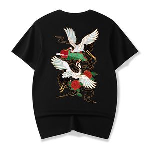 Męska letnia koszulka krótkie rękaw białe i czarna ekipa haft szyi chiński złoty nić kolorowe kwiaty moda nosić Lucky Crane Bird