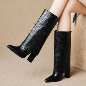 Boots OEING Women PU Leather Knee Thigh Pull On Stilettos High Heel Wide Tube Crocodile Pattern Warm Winter Shoes Pointy Toe
