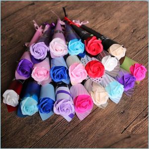 Fiori decorativi Ghirlande San Valentino Sapone Fiore rosa Stelo singolo Rosso Rosa Blu Viola Matrimonio Fidanzamento Regalo di compleanno Goccia D Dhc57