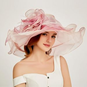 Headpieces Pink Kentucky Derby Church Bridal Hats For Women Organza Sun Flowers Elegant Summer Large Wide Brim Ladies Wedding Hat 2022