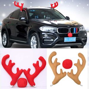 Car Stickers Large Size Christmas Antlers Red Nose Headwear For Car Decor Reindeer Vehicle Flannelette Xmas Ornaments Navidad Headband T221108