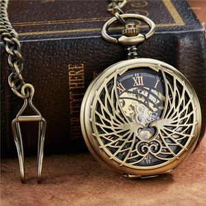 Zegarki kieszonkowe Vintage Angel Double Wings Roman Dial Mehanical Watch łańcuch fob pusta szkielet ręka wiatr mechaniczny męski damski