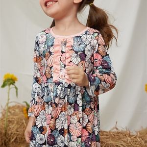 Sukienki dla dziewcząt Ekskluzywne GirlyMax Fall Ribling Baby Floral Dypkin Twirl Ruffles Dress Pocket Spodnie Zestaw Kolan Długość Ubrania dla dzieci 221107