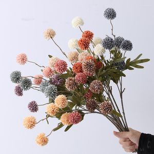 Decorative Flowers 5 Heads Silk Dandelion Flower Ball Pompom Artificial Branch With Green Leaves For Home Wedding Decorations Fake
