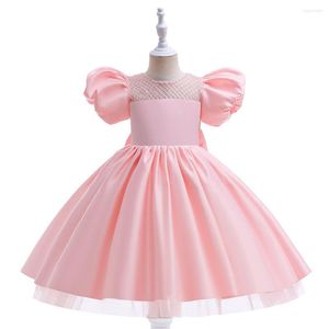 Girl Dresses Short Sleeves Pink Satin Flower Girls Lace Children Party Wedding Bridesmaid Clothing For 4-10Years Old